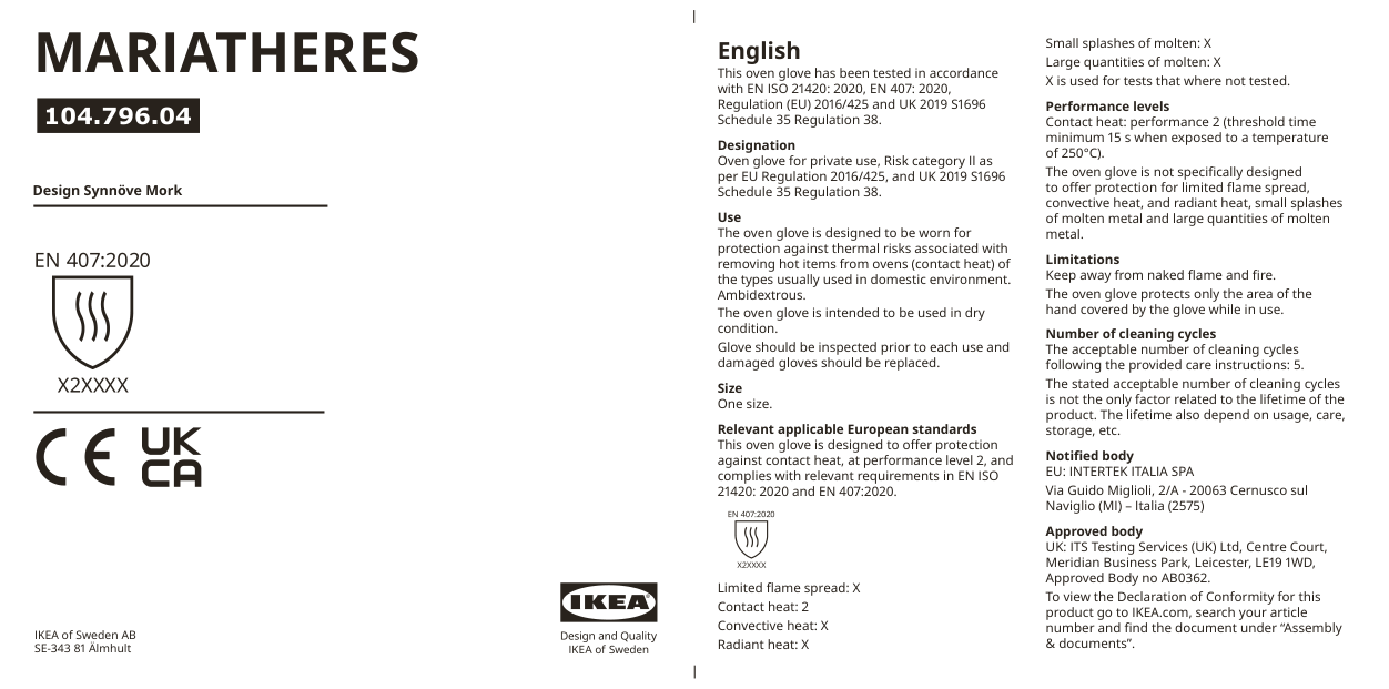 Ikea 104 796 04 Mariatheres Oven Glove manual