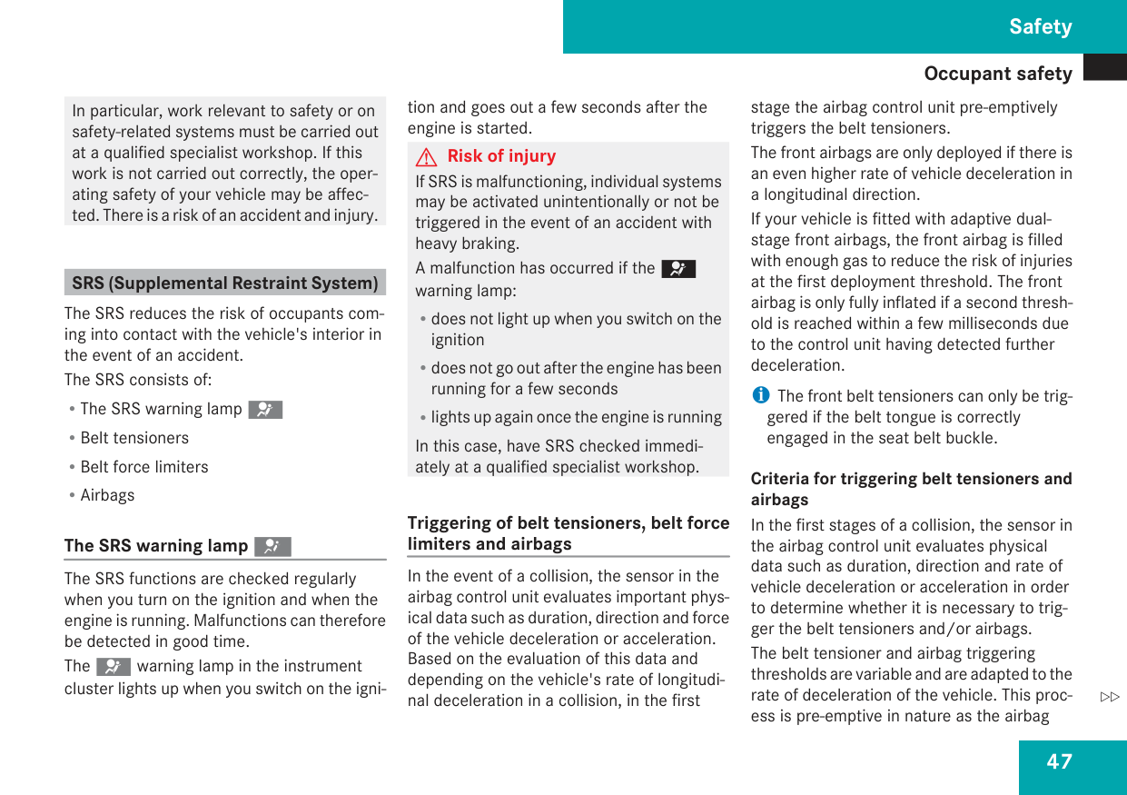 Manual page 50 — Mercedes Benz error PASSENGER AIRBAG OFF