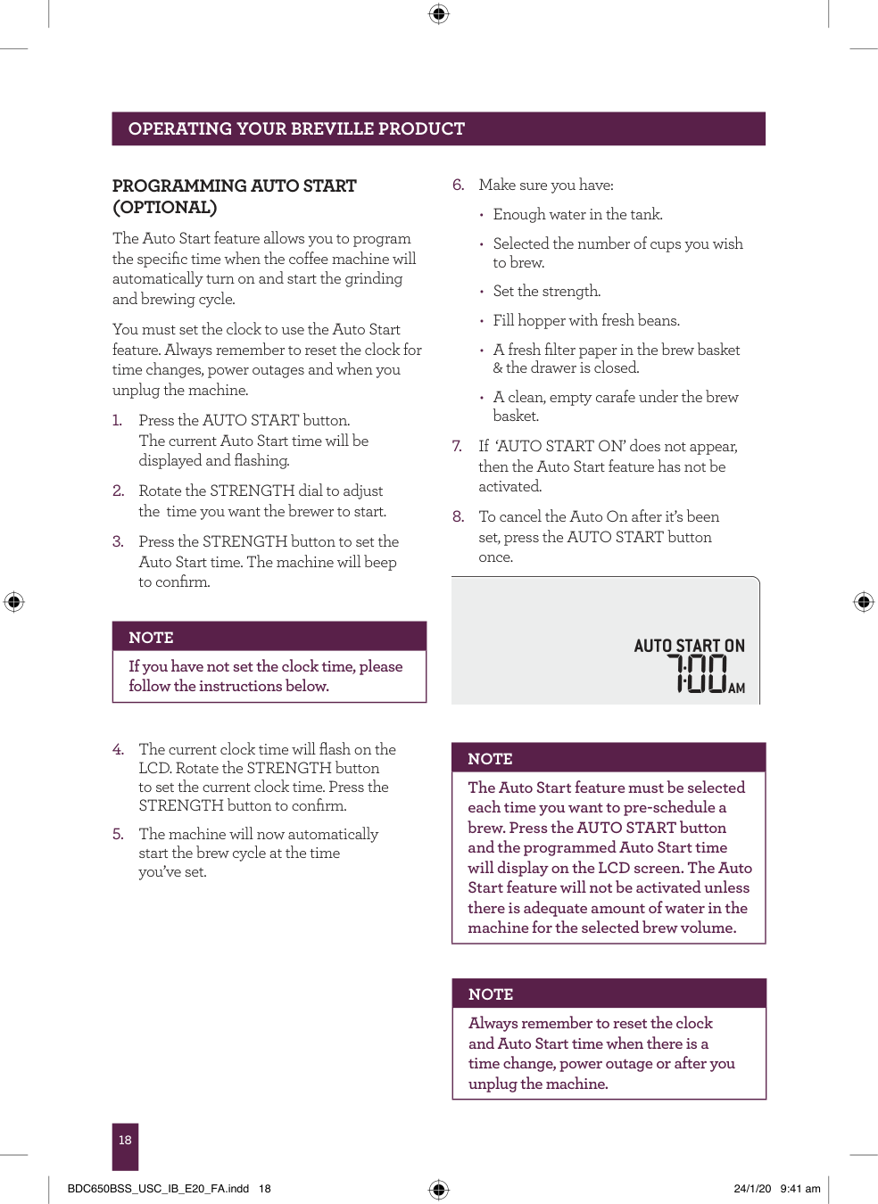 Manual page 19 — Breville error AUTO START ON