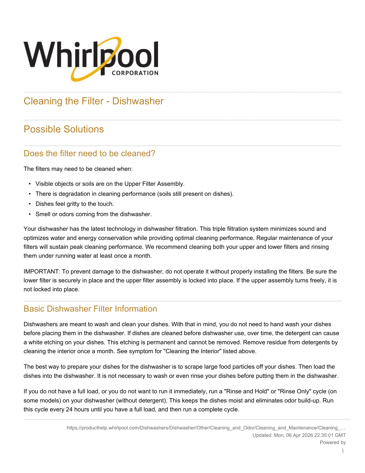 Whirlpool Dishwasher Filter Assembly manual