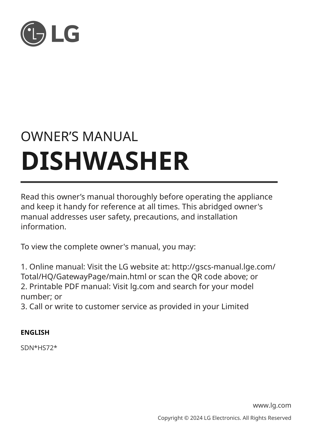 LG QuietSteam OE Dishwasher manual