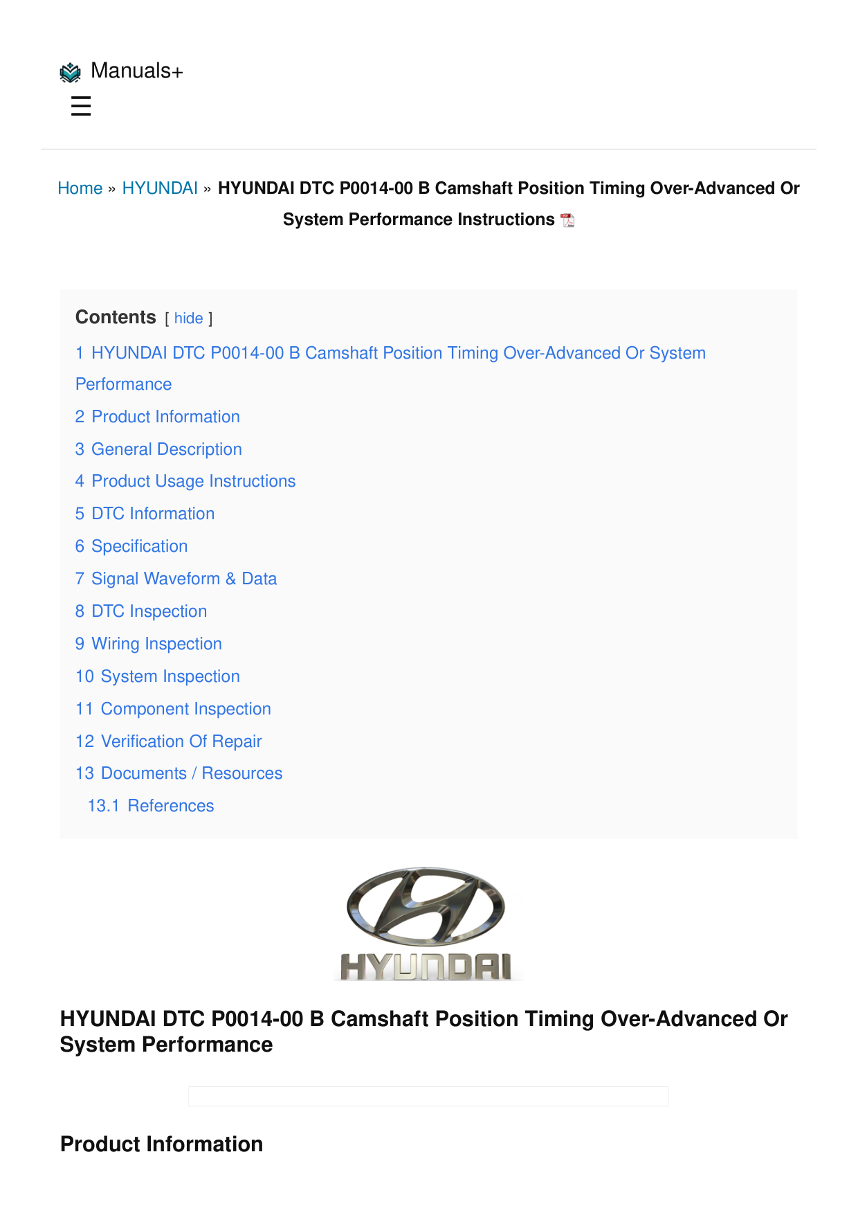 Hyundai Dtc P0014 00 B Camshaft Position Timing Over Advanced Or System Performance manual