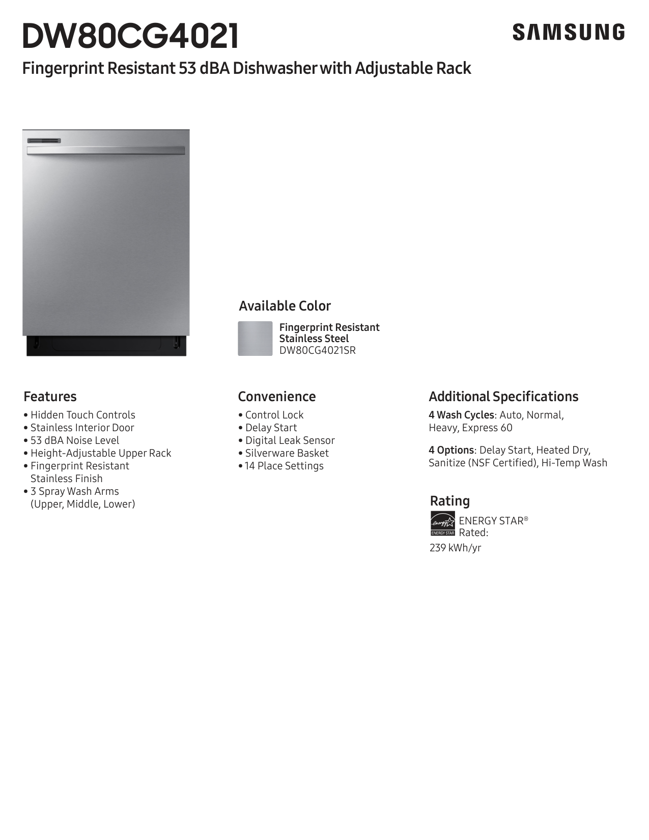 Samsung DW80CG4021SR Dishwasher