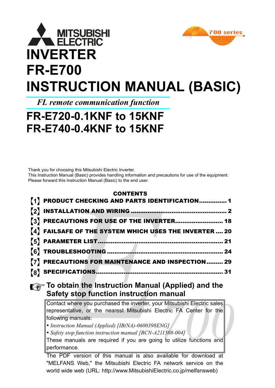 Mitsubishi Inverter FL Remote Communication System manual