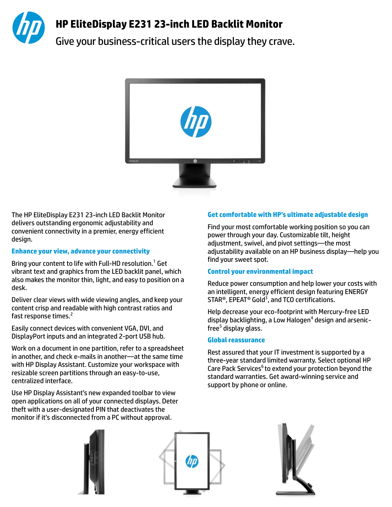HP Elitedisplay E231 23 Inch Led Backlit Monitor