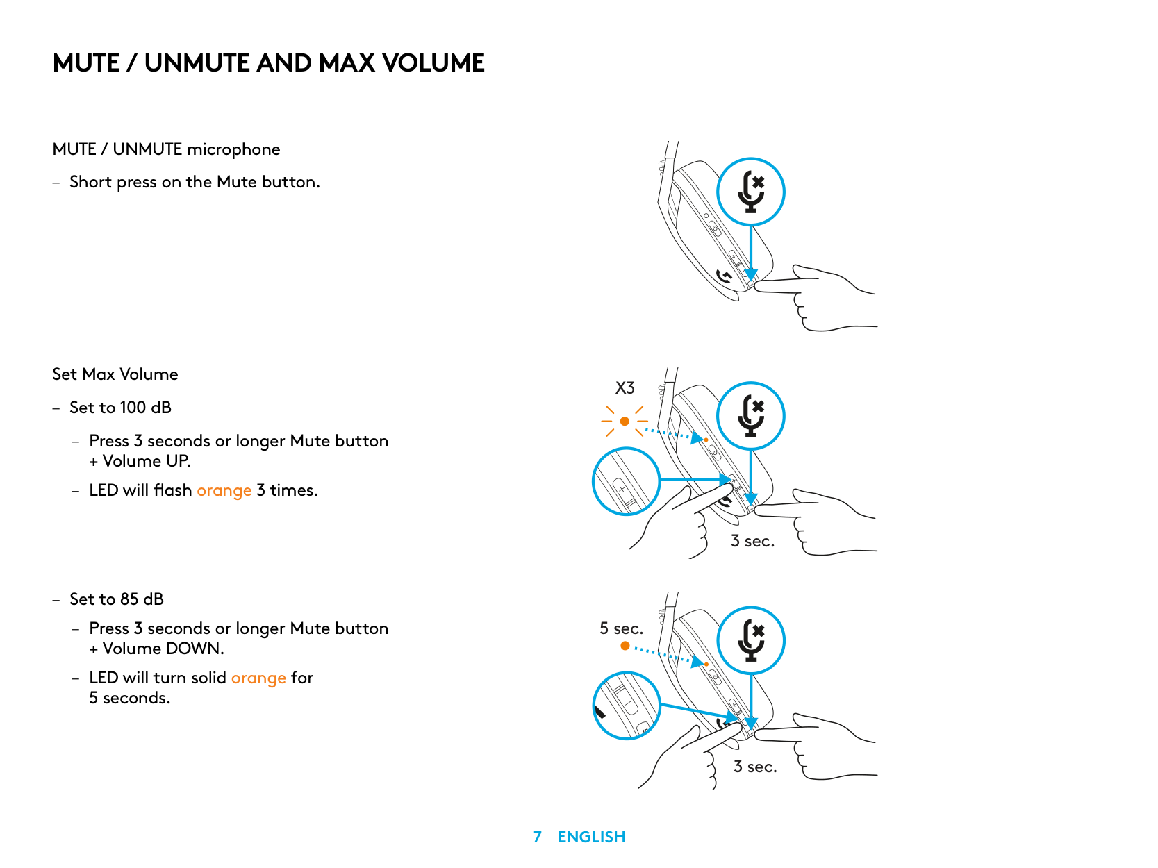 Manual page 7 — Logitech error LED turns solid orange for 5 seconds