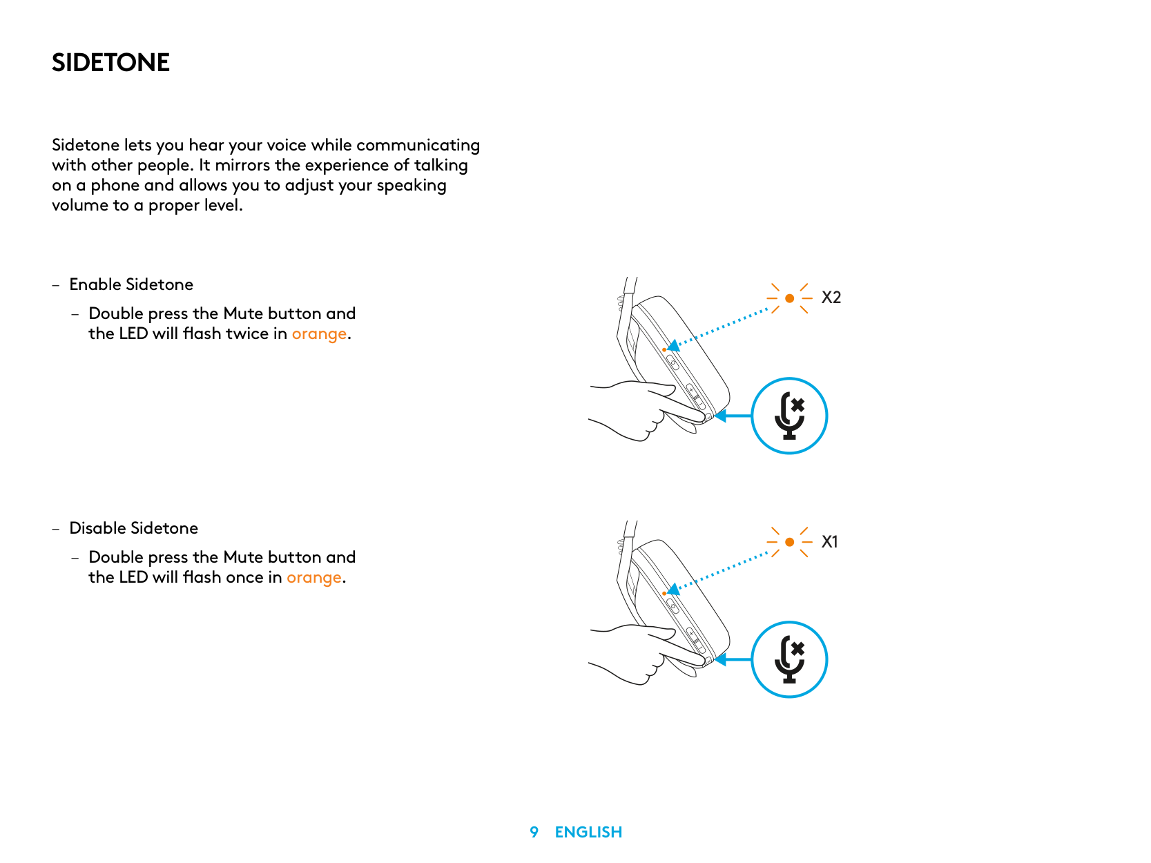 Manual page 9 — Logitech error LED flashes twice in orange