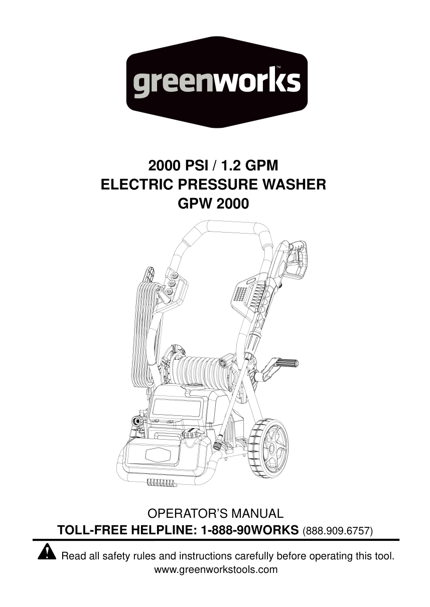 Greenworks GPW2000 Pressure Washer manual