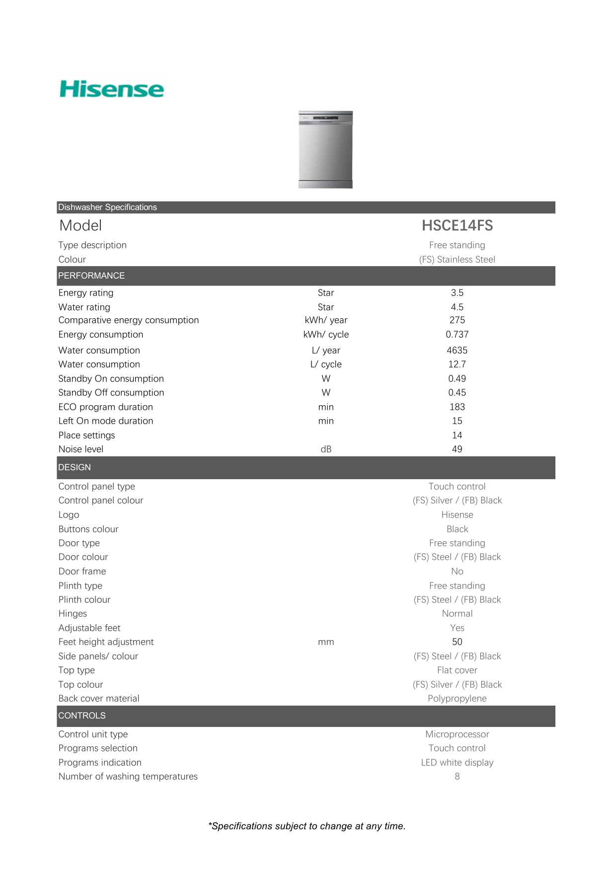 Hisense Hsce14fs 60cm Stainless Steel Freestanding Dishwasher