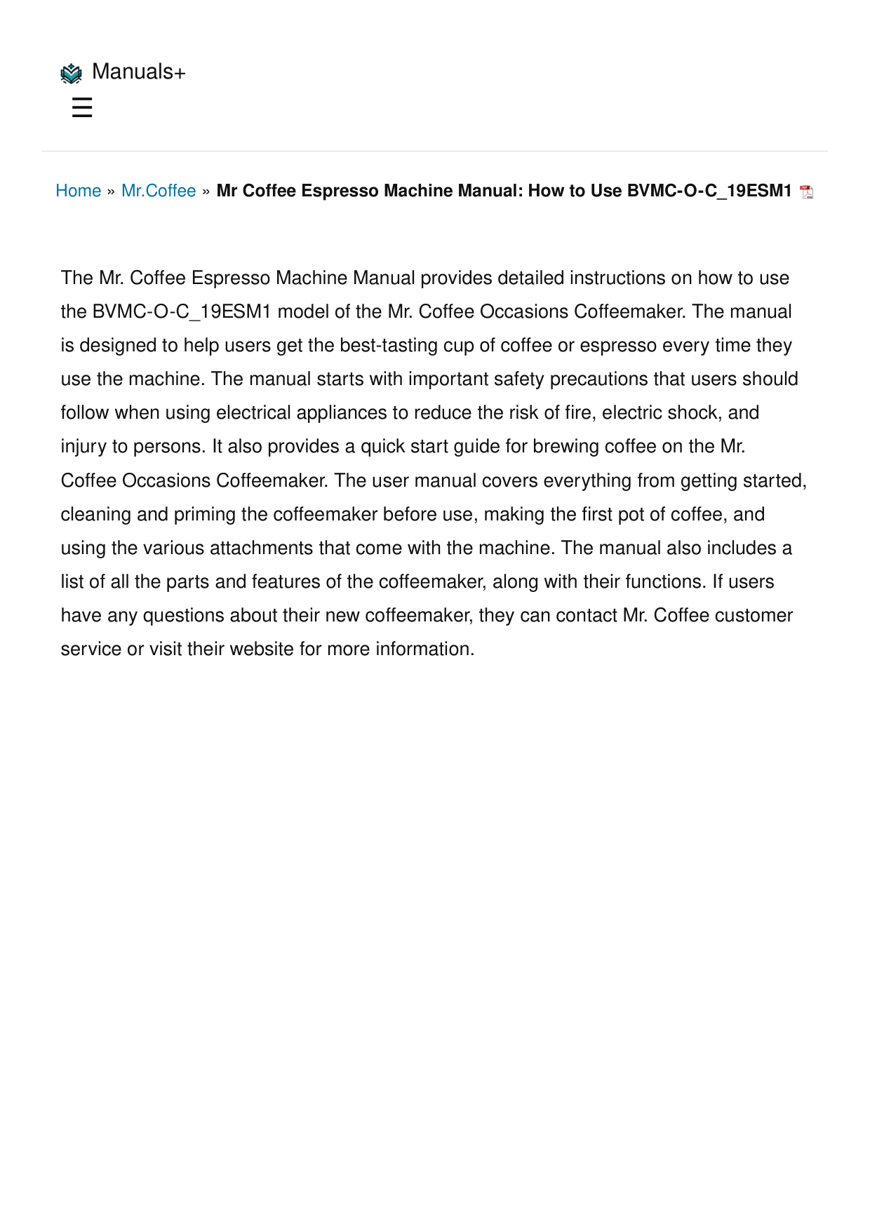 Mr. Coffee Machine manual