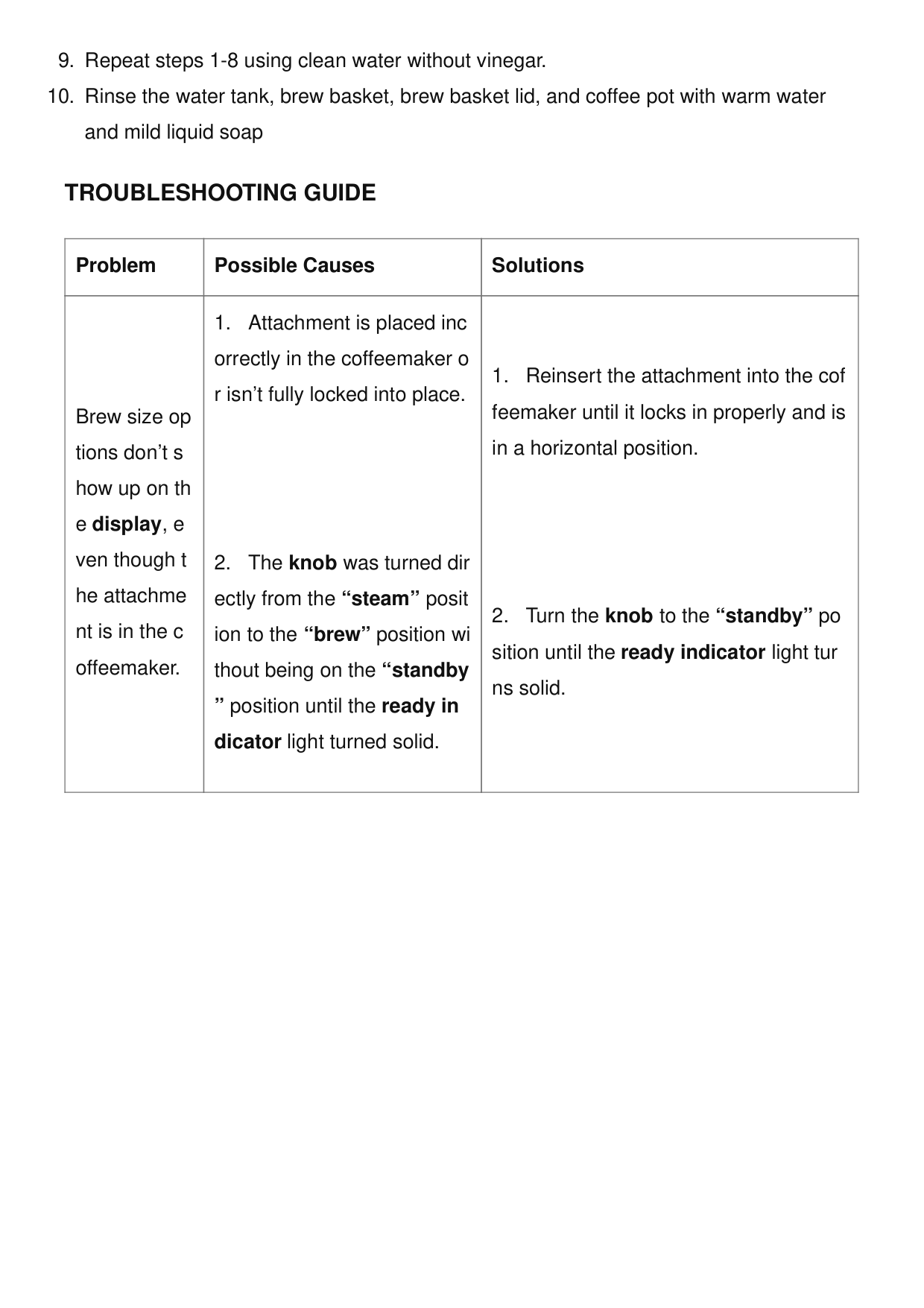 Manual page 16 — Mr. Coffee error Brew size options don't show on the display even though attachment is placed incorrectly