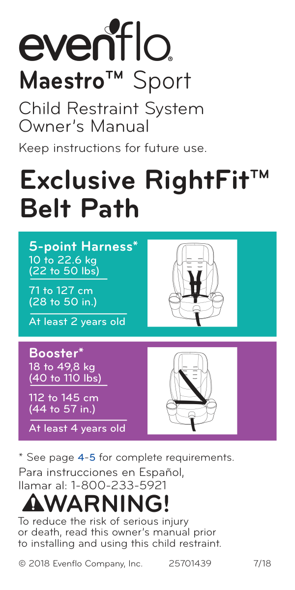 Evenflo Maestro Sport Car Seat manual