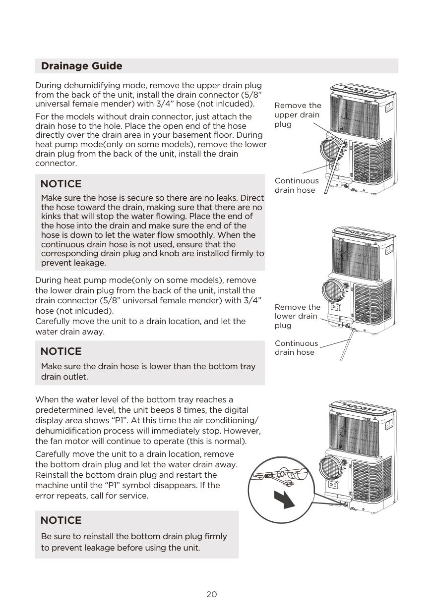 Manual page 20 — Midea error 8 beeps with P1 display