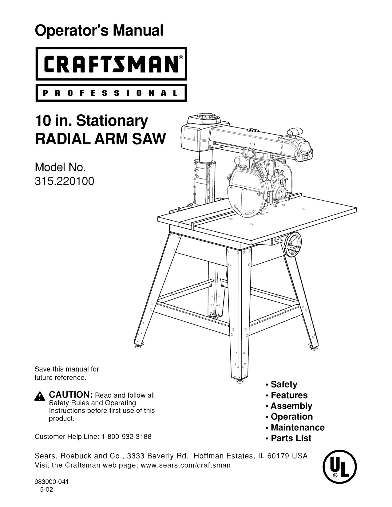 Craftsman 315.220100 Radial Arm Saw manual