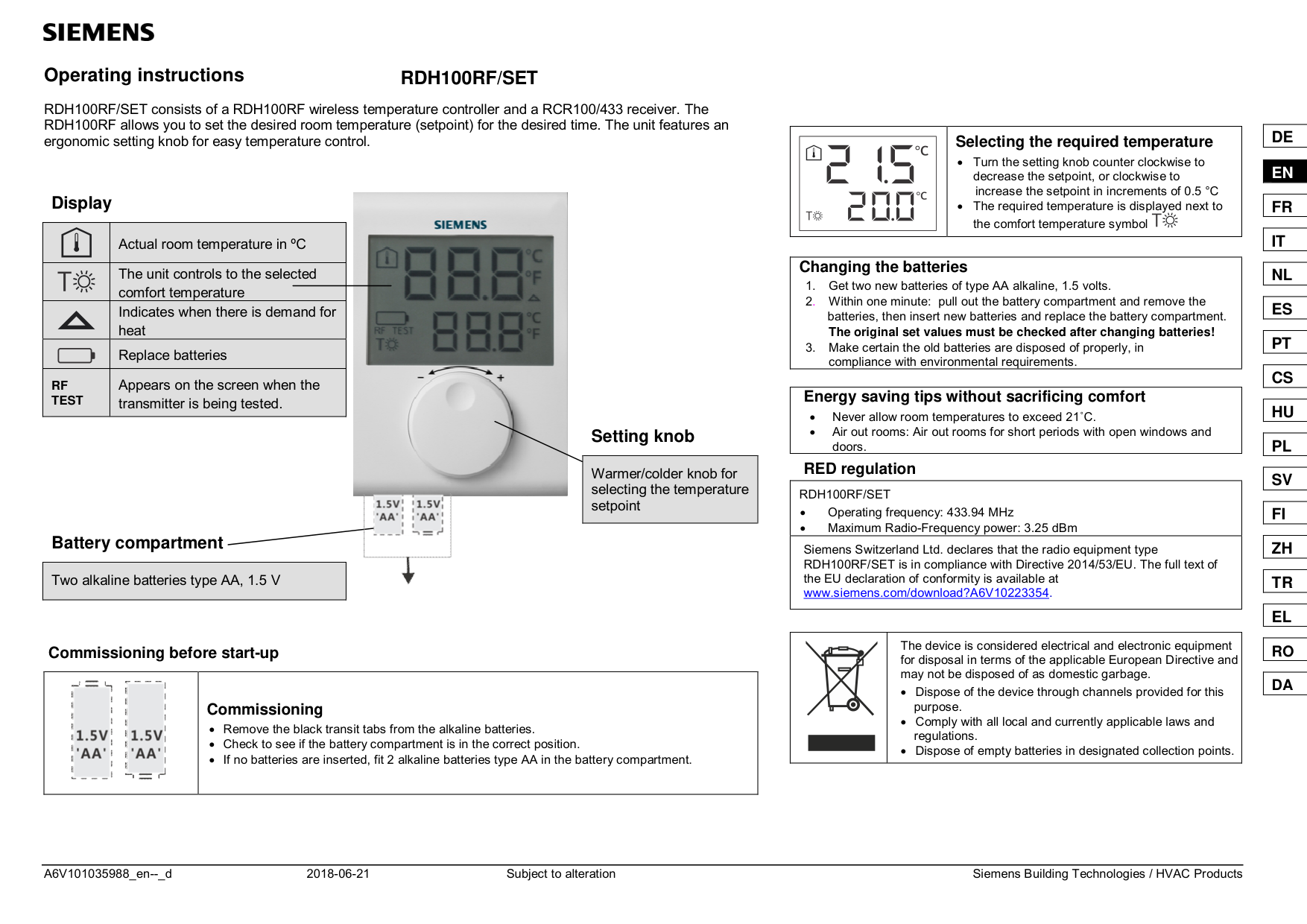 Siemens Rdh100rfset Wireless Room Thermostat With Lcd