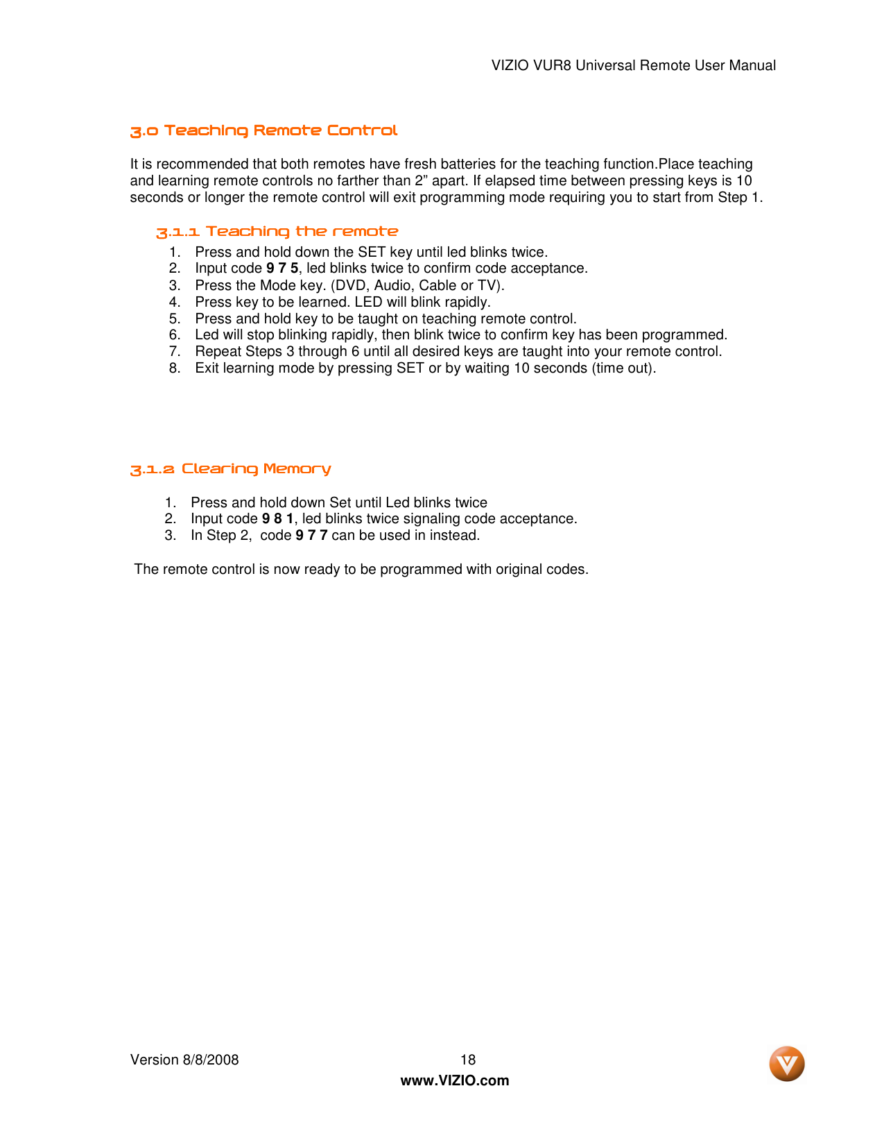 Manual page 18 — Vizio error LED blinks rapidly