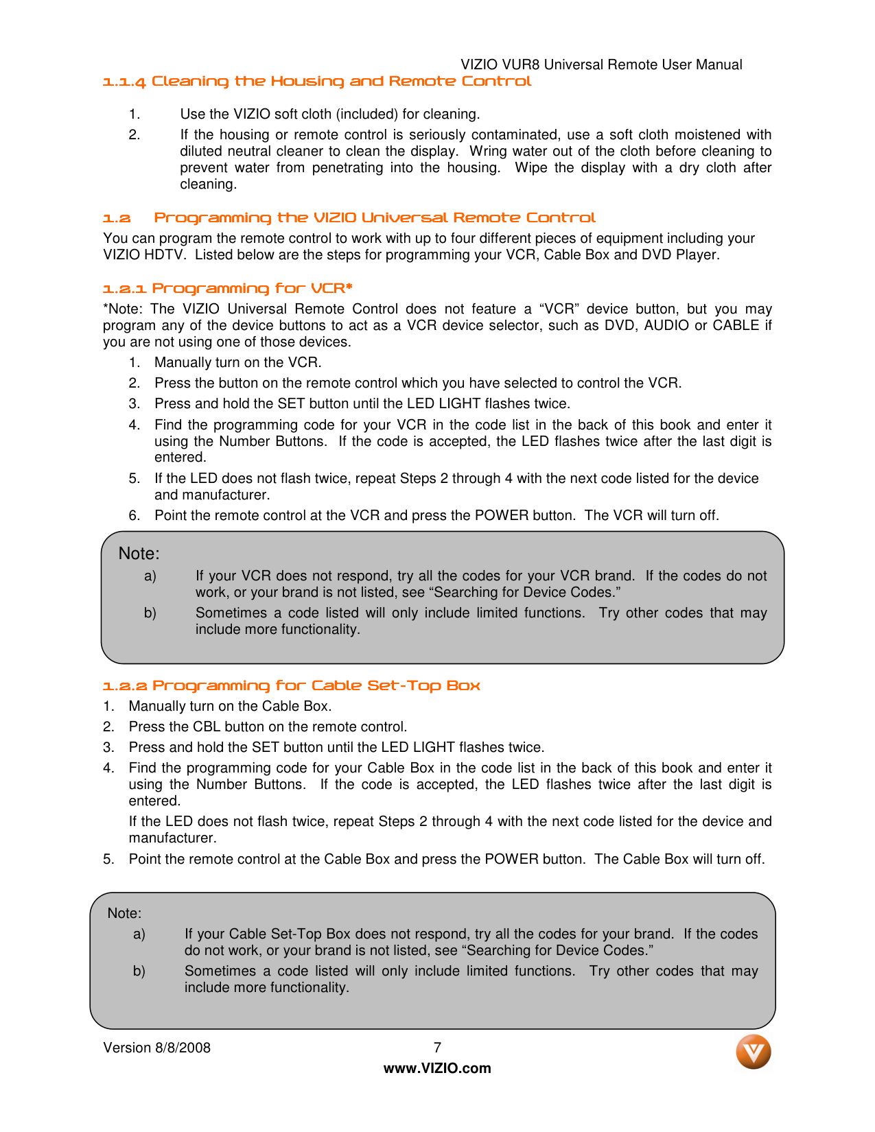 Manual page 7 — Vizio error LED flashes twice