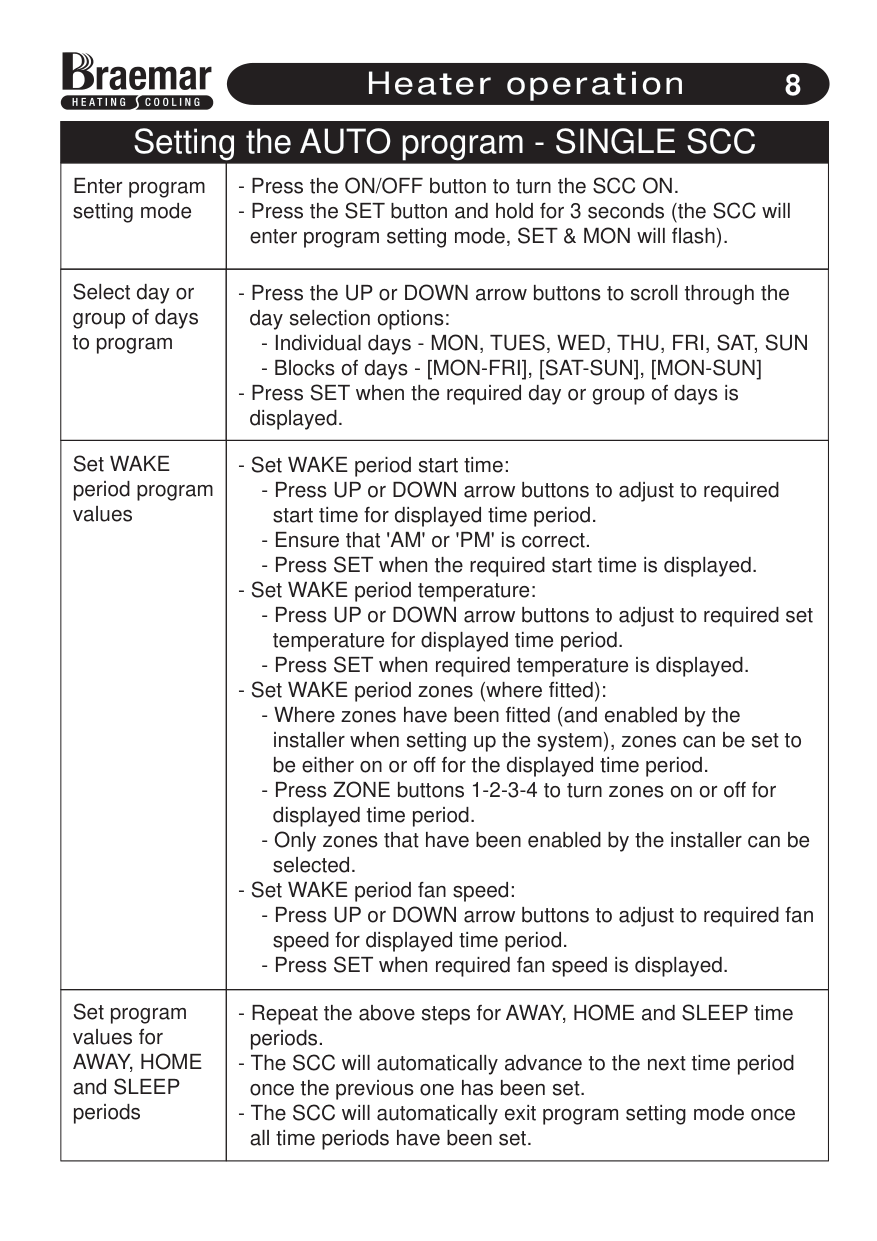 Manual page 11 — Braemar error RESET AND FAULT CODE NUMBERS