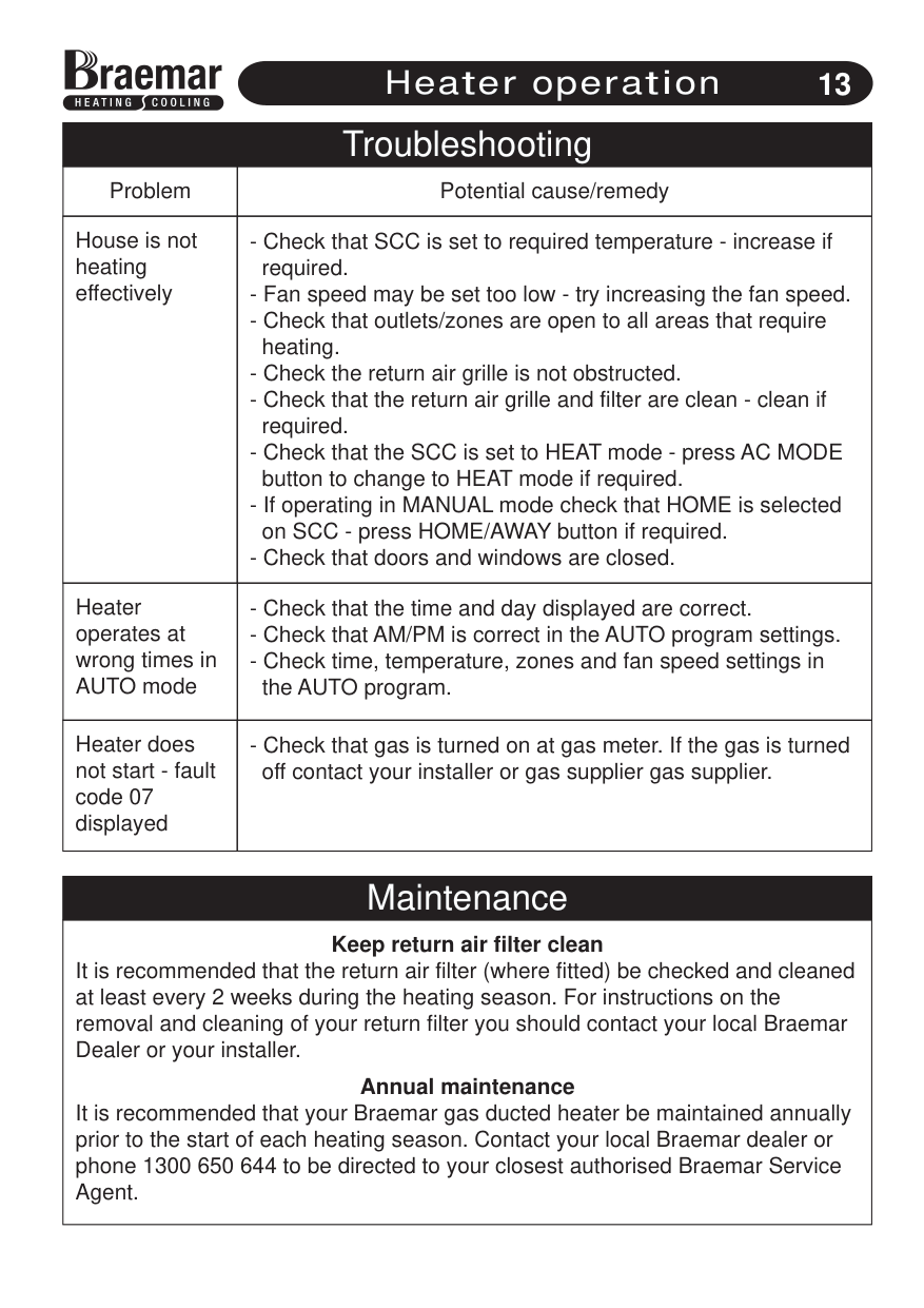Manual page 16 — Braemar error SPANNER SYMBOL DISPLAYED