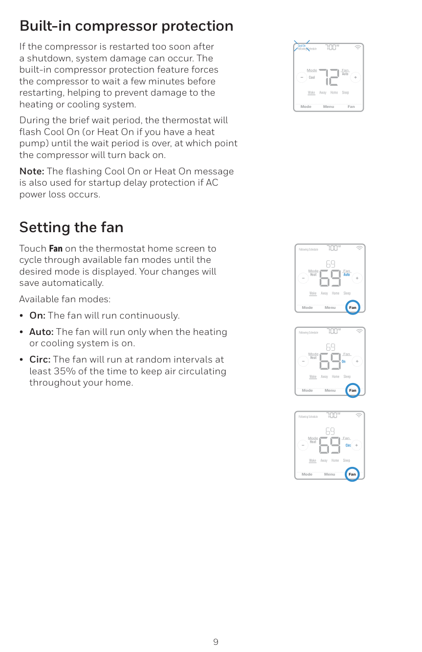 Manual page 9 — Honeywell error Cool On flashing