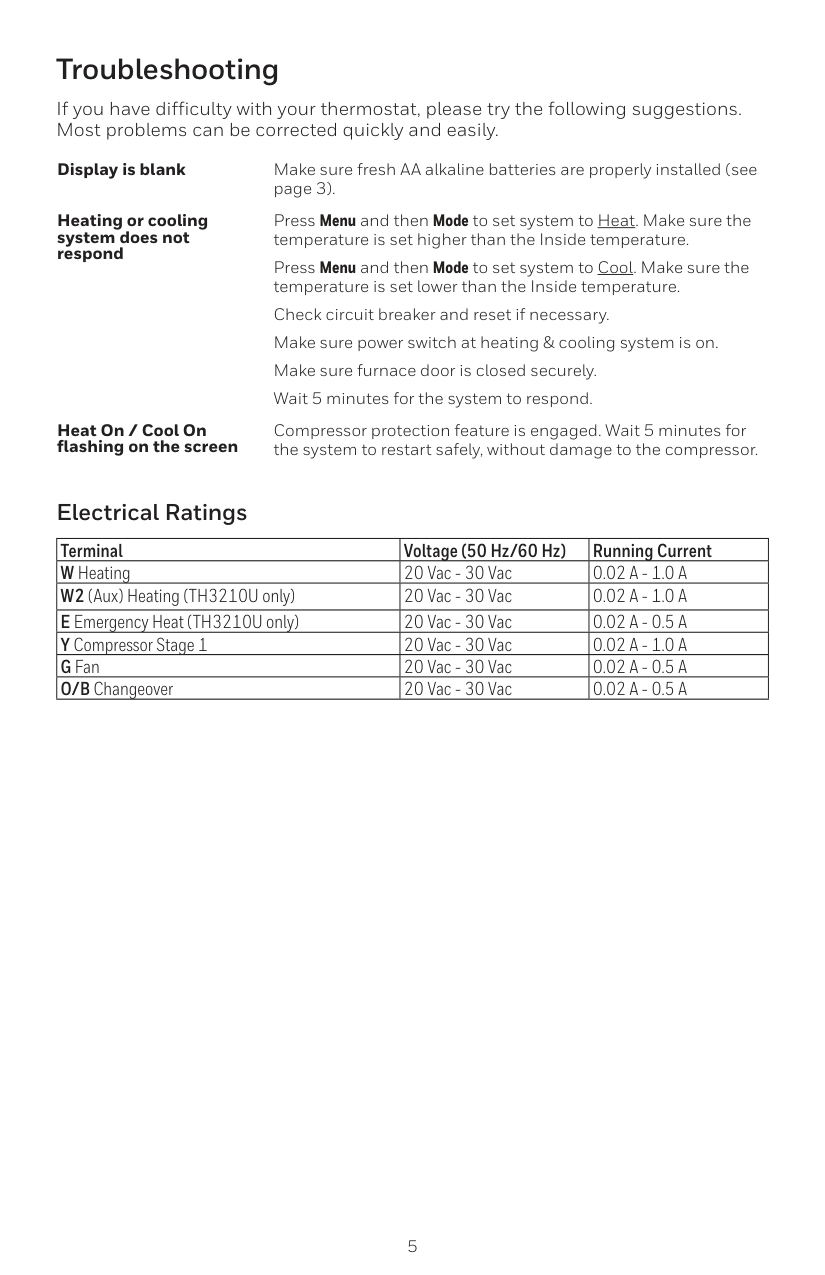 Manual page 5 — Honeywell error Heat On / Cool On flashing