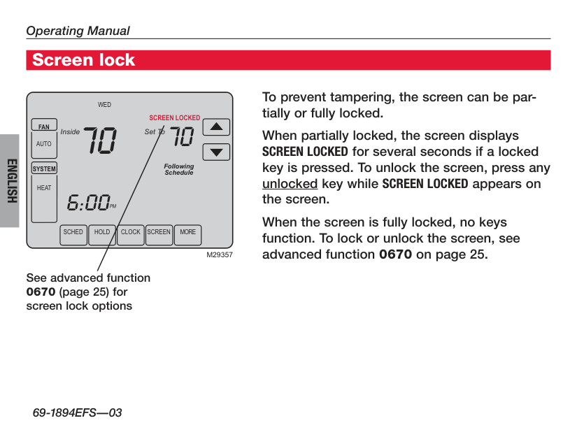 Manual page 18 — Honeywell error SCREEN LOCKED