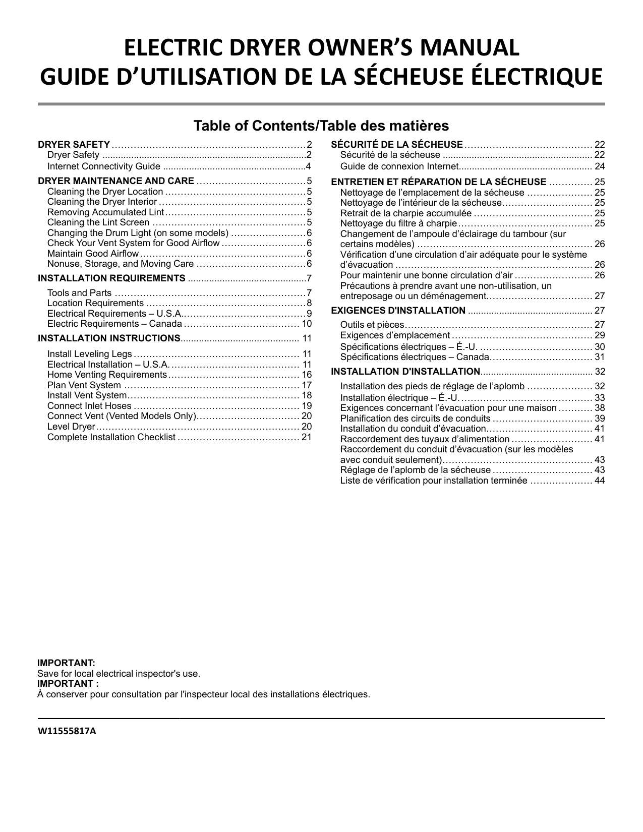 Sears W11555817a Electric Dryer Manual Pdf