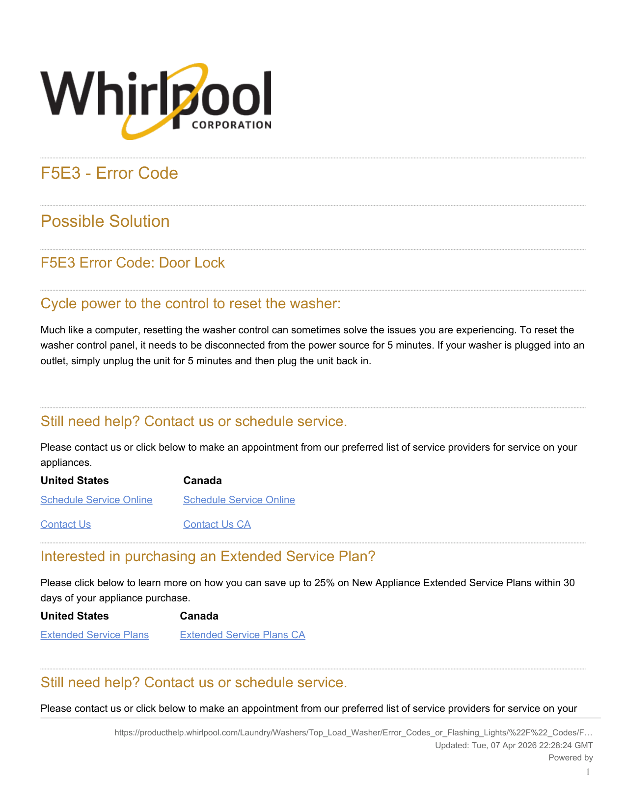 Manual page 1 — Whirlpool error F5E3