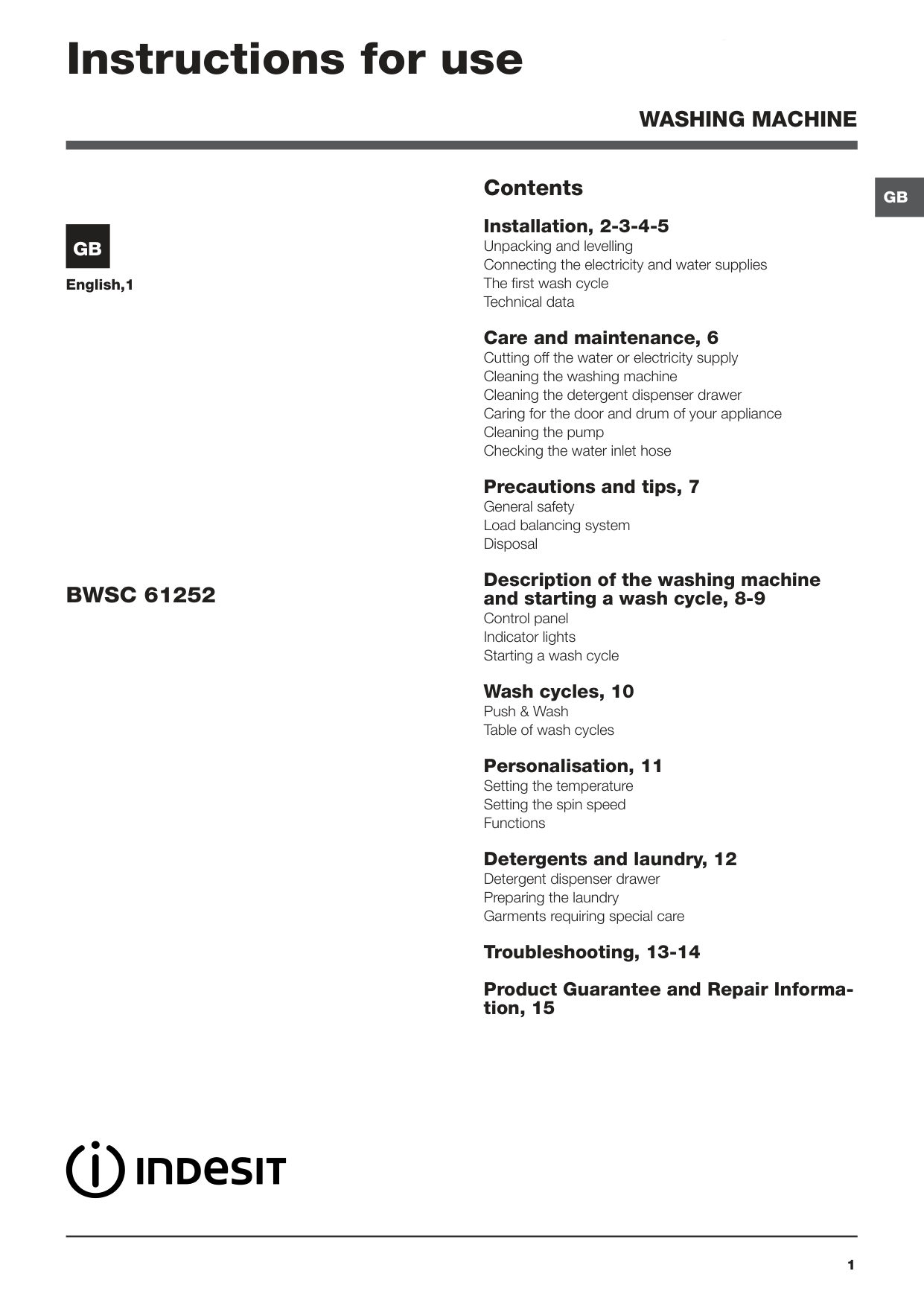 Indesit Washing Machine Manual 19