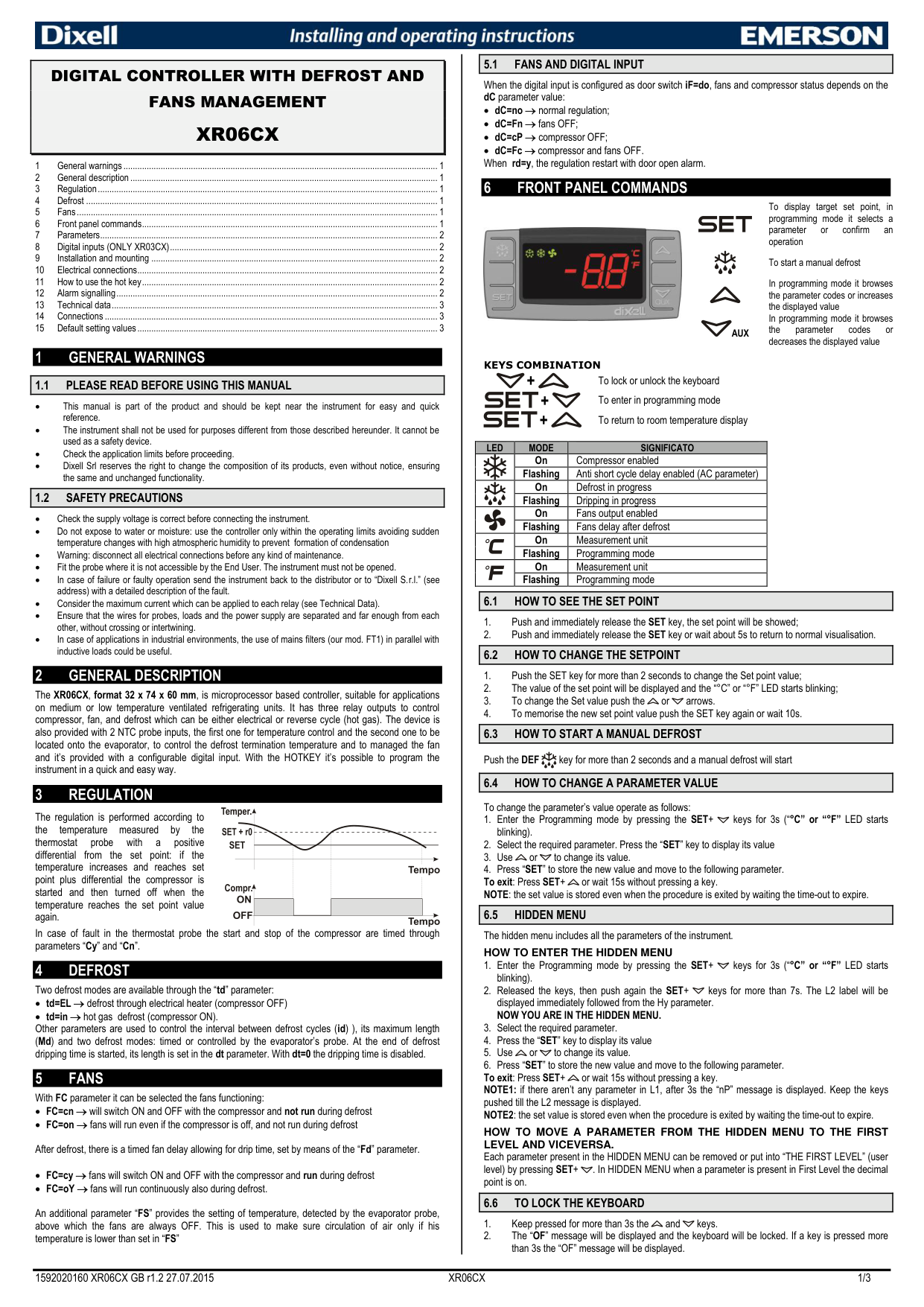 Manual page 1 — Dixell error Compressor LED Flashing